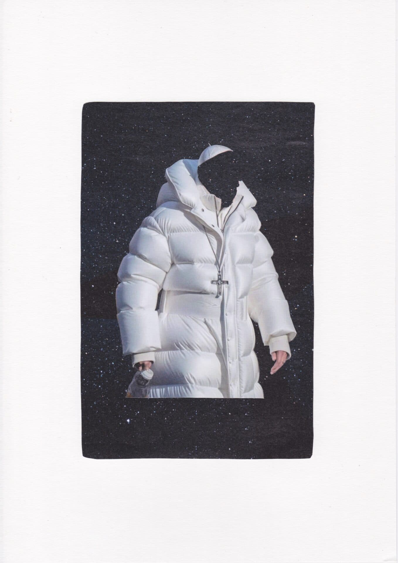 Collage of a headless figure in a white puffer coat against a black star-filled background on white paper.