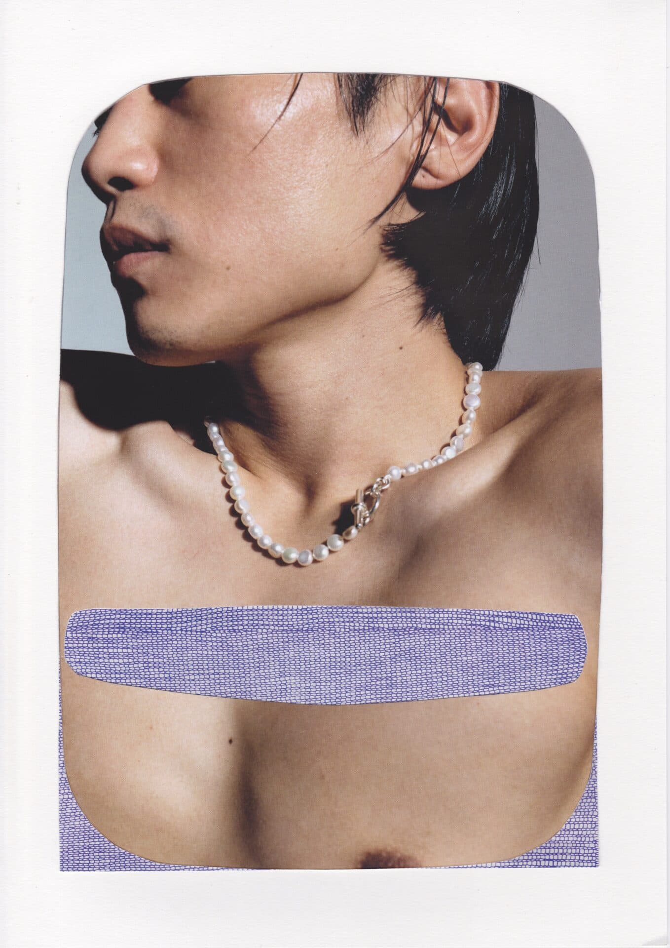 Collage showing a cropped male torso with a pearl necklace and a horizontal blue patterned strip across the chest.