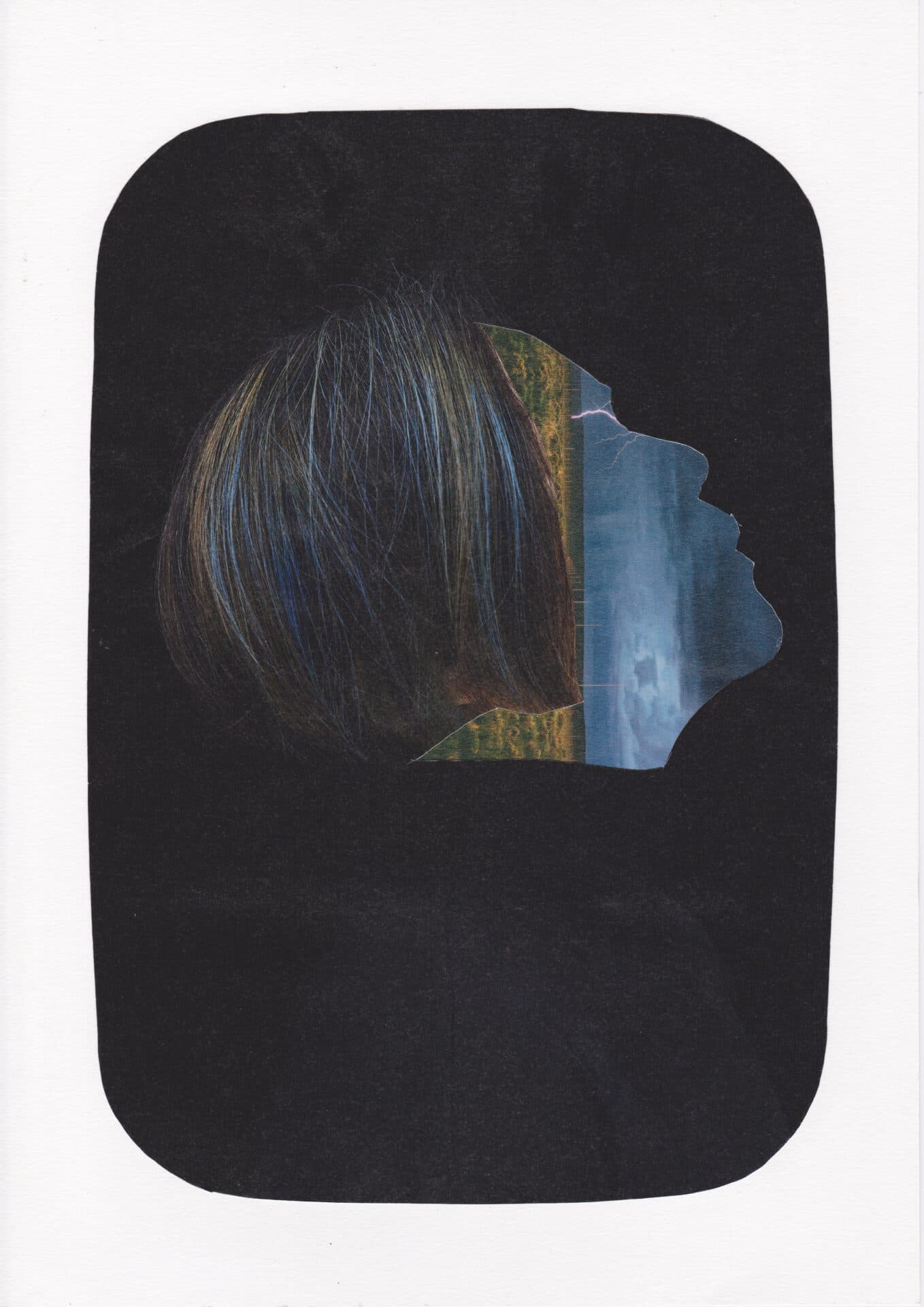 Collage combining the back of a dark-haired head with a fragmented blue profile against a large black field.