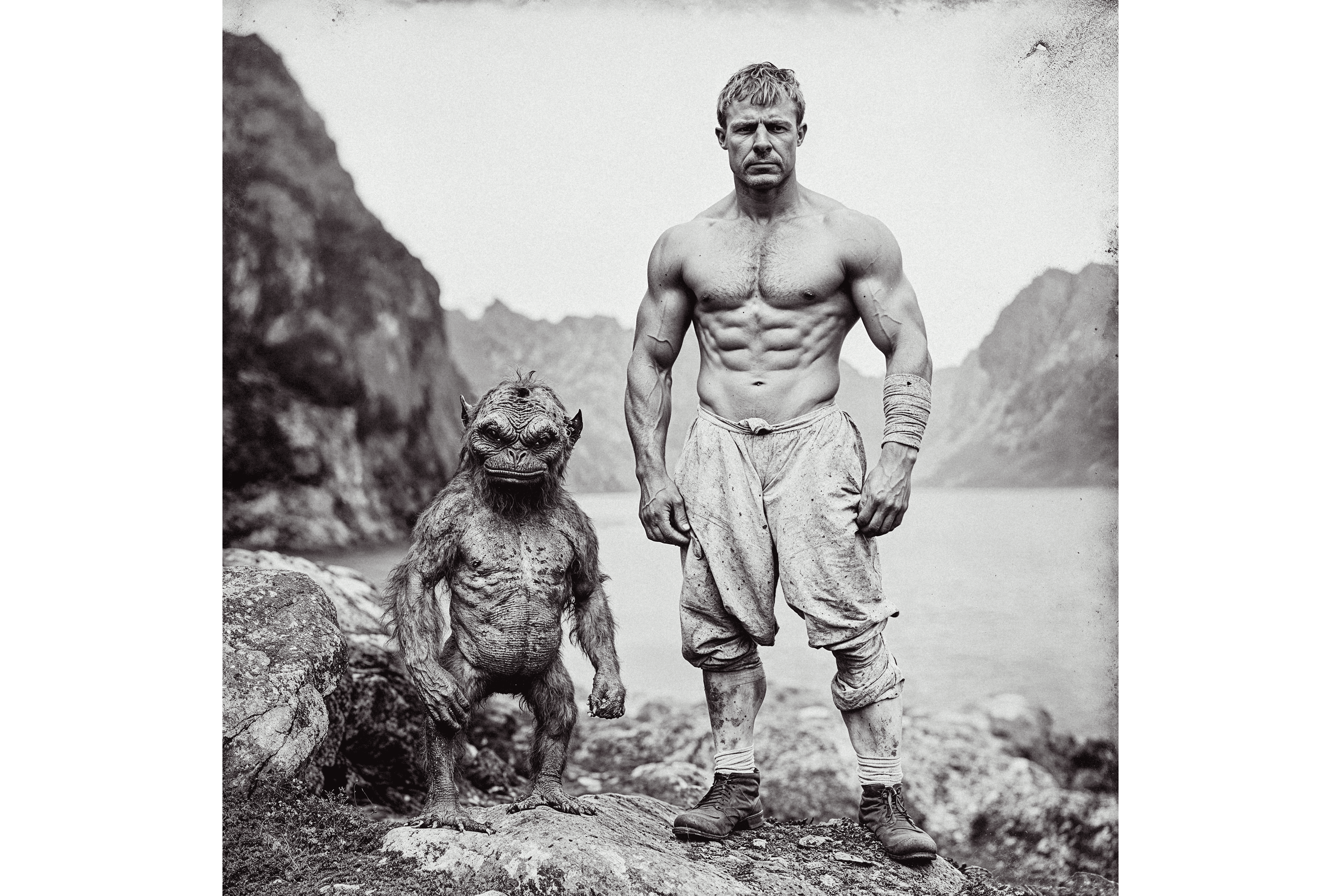 Bodybuilder in a Norwegian Fjord Landscape, 40x40cm