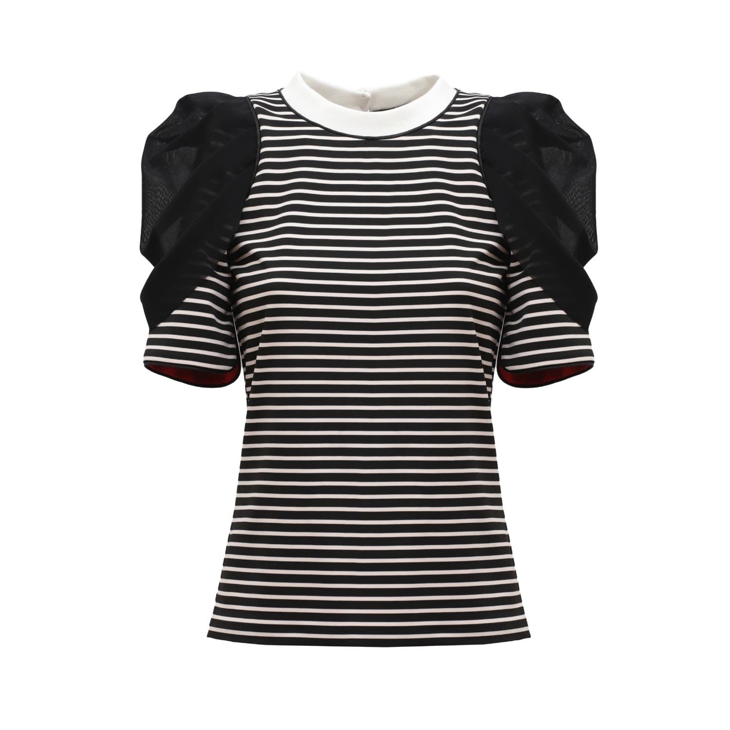 Striped Knit Blouse With Mesh Puff Sleeves