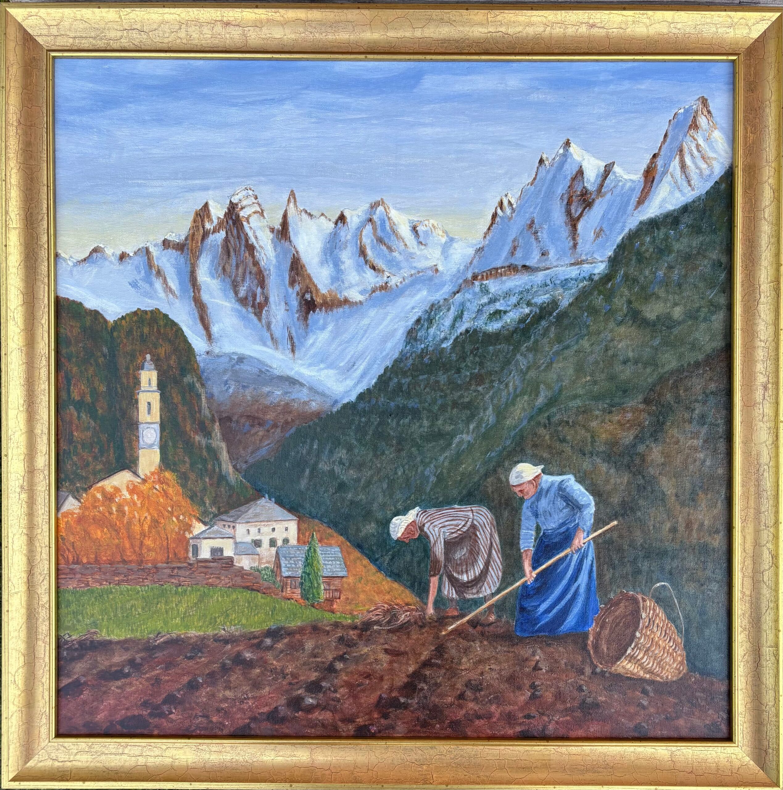 Alpine Toil, Original acrylic painting, framed size 56cm x 56cm (22" x 22")