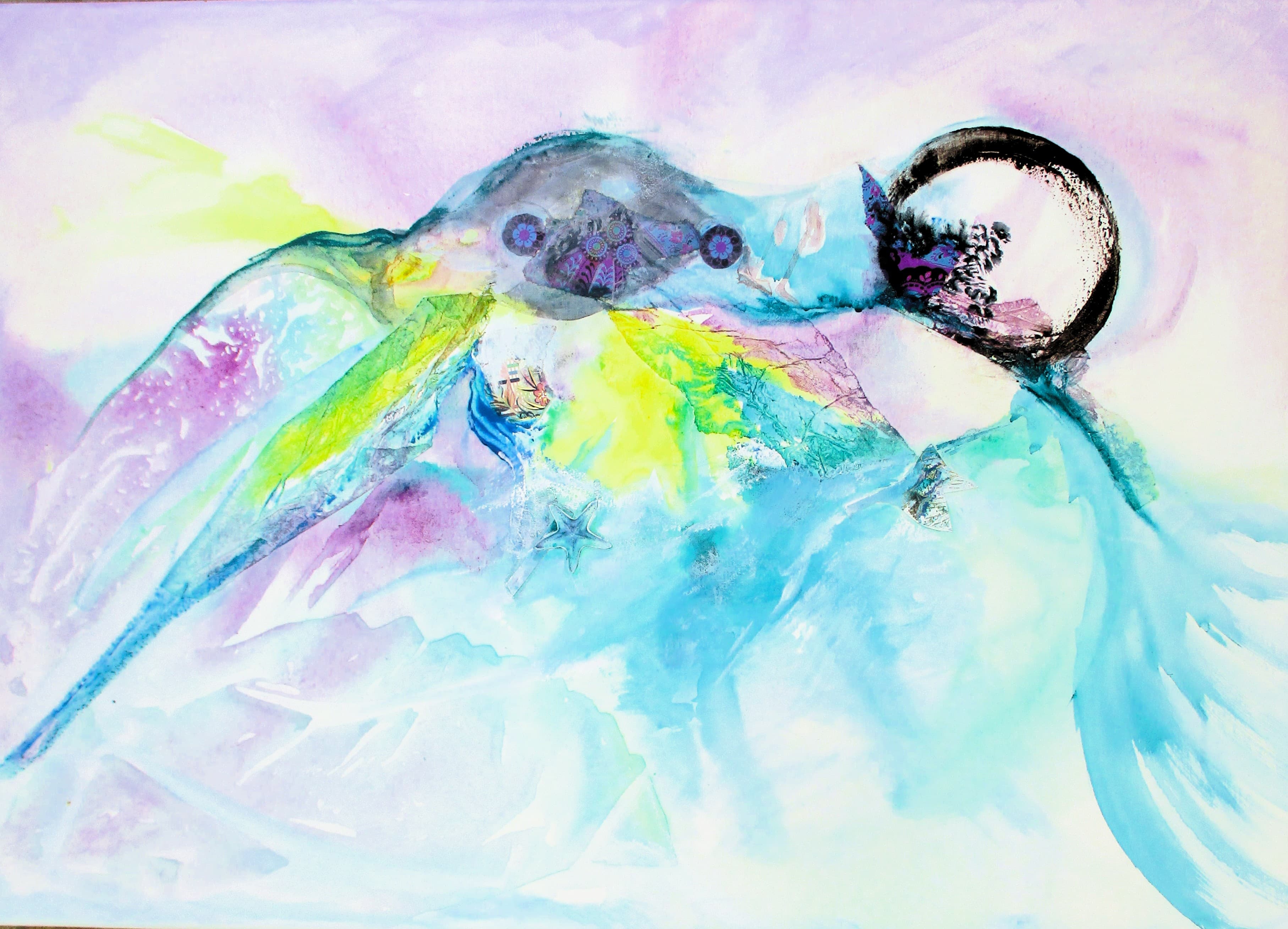 Aquarelle sur toile et collages