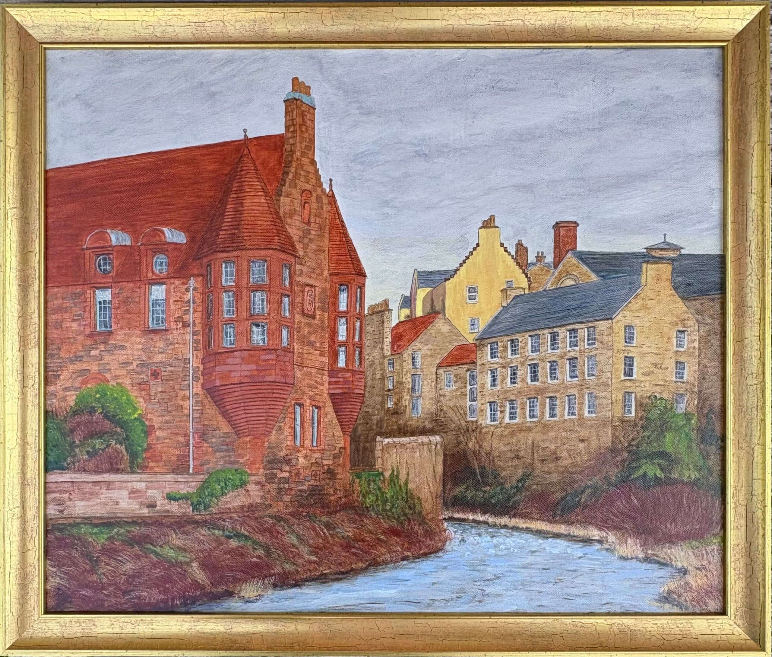 Dean Village, original acrylic painting depicting Dean Village in Edinburgh, Scotland, 67cm x 57cm (27" x 23")